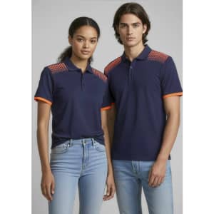 A navy blue short sleeve polo shirt with orange accents and a patterned design on the shoulders, featuring a logo.