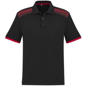 A black short sleeve polo shirt featuring red accents and a checkered pattern on the shoulders. It has a logo.