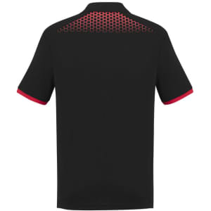 A black short sleeve polo shirt featuring a red and orange patterned design on the back and contrasting red trim.