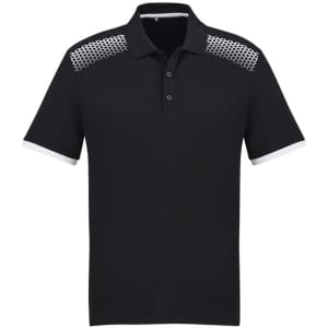 A black short sleeve polo shirt with a patterned design on the shoulders and white accents.