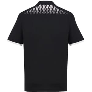 A black short sleeve polo shirt featuring a patterned back and contrasting white details. Includes a logo.