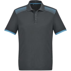A dark green short sleeve polo shirt featuring blue accents and a patterned shoulder design. It has a branded logo.
