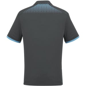 A dark grey men's polo shirt with light blue accents and a patterned design on the back. It features a logo.