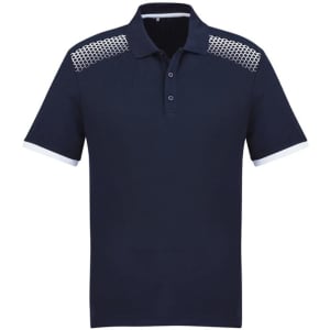 A navy short sleeve polo shirt featuring a patterned shoulder design and a logo on the chest.