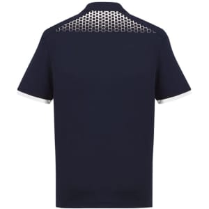 A navy short sleeve polo shirt featuring a patterned back and contrasting white collar. Includes a logo.