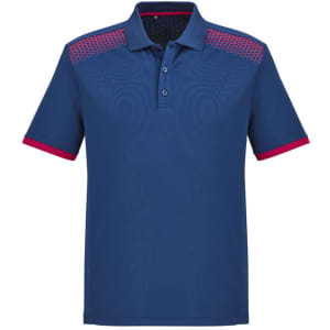 A short sleeve polo shirt in navy blue with pink accents and a logo.