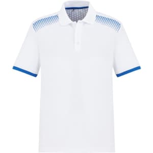 A white short sleeve polo shirt featuring blue accents on the shoulders and collar, with a logo displayed.