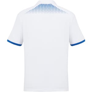 A white short sleeve polo shirt with blue accents and a patterned back design. It features a logo.
