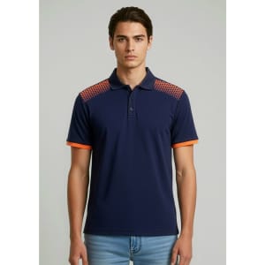 A navy blue short sleeve polo with orange accents on the shoulders and sleeves, featuring a logo.