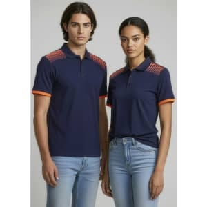 A navy blue short sleeve polo shirt with contrasting orange accents and a logo. Worn by a male and female model.