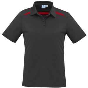 A women's short sleeve polo shirt in dark grey with red accents and a small logo on the chest.