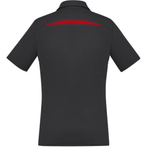 A black women's polo shirt featuring short sleeves and a red accent on the back. Includes a logo.
