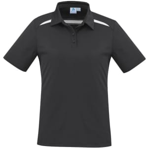 A women's short sleeve polo shirt in black with white accents and a collar, featuring a logo on the chest.
