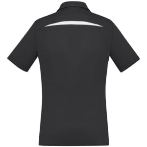 A black women's polo shirt featuring short sleeves and a subtle design element on the back. Includes a logo.