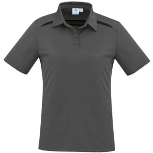 A women's short sleeve polo shirt in dark grey, featuring a collar and front buttons, with a logo on the chest.