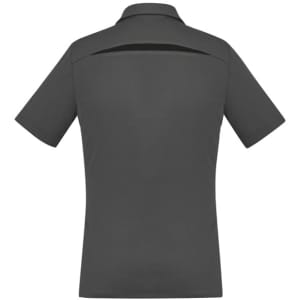 A women's short sleeve polo shirt in dark grey, featuring a back vent and a logo.