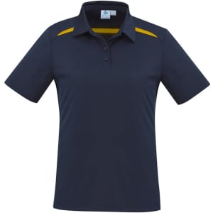 A navy short sleeve polo shirt with yellow accents and a collar. The shirt features a logo on the chest.