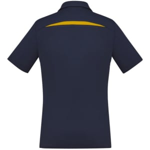 A navy blue women's short sleeve polo shirt with a subtle yellow accent on the back. It features a logo.