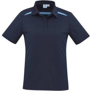A women's short sleeve polo in navy blue with light blue accents and a logo on the chest.