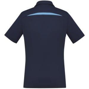 A navy blue women's short sleeve polo shirt featuring a contrasting light blue stripe on the back and a logo.