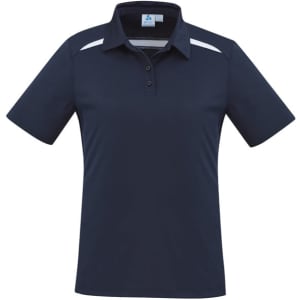 A navy blue women's polo shirt with short sleeves and a white accent, featuring a collar and buttons. It has a logo.