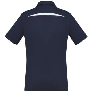 A navy women's short sleeve polo shirt featuring a back design and a logo.