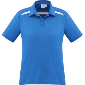 A blue women's polo shirt featuring short sleeves and subtle white detailing, with a logo present.