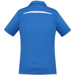 A blue women's short sleeve polo shirt with a back yoke detail and a logo.