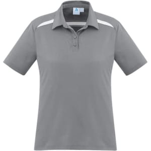 A women's short sleeve polo shirt in grey, featuring a light accent and a logo on the chest.