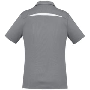 A short sleeve polo shirt in grey with a back stripe detail and a logo.