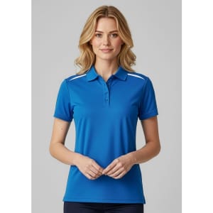 A women's short sleeve polo in vibrant blue, featuring a collar and a logo on the chest.