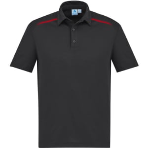A black short sleeve polo shirt with red accents and a collar, featuring a logo on the chest.