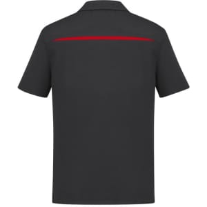 A black short sleeve polo shirt featuring a red accent on the back and a logo.