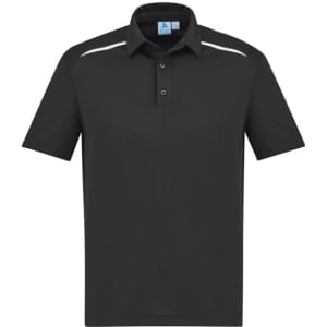 A black short sleeve polo shirt with a collar and side stripe detail. It features a logo on the front.