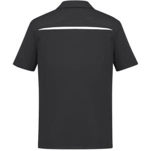 A black short sleeve polo shirt featuring a white accent stripe on the back and a logo.