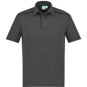 A short sleeve polo shirt in dark grey with a collar and button placket, featuring a logo.