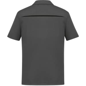 A grey short sleeve polo shirt featuring a back vent and a logo.