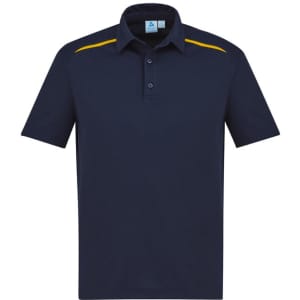 A navy short sleeve polo shirt featuring yellow accents and a logo.