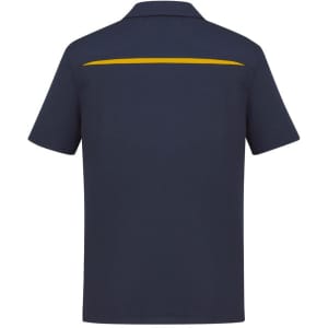 A navy blue short sleeve polo shirt featuring a yellow accent stripe on the back and a logo.