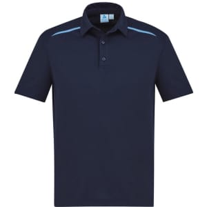 Men's short sleeve polo shirt in navy blue with light blue accents and a logo on the chest.