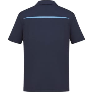 A navy short sleeve polo shirt featuring a light blue stripe and a logo on the back.