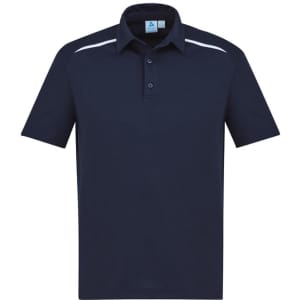 A navy blue men's short sleeve polo shirt featuring a subtle logo and white detailing on the shoulders.