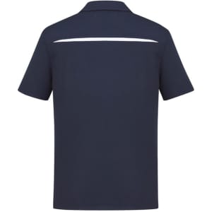 A navy short sleeve polo shirt featuring a white stripe and a logo on the back.