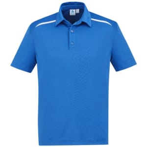 A blue short sleeve polo shirt with a collar, featuring a logo and white accents on the shoulders.
