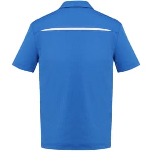 A blue short sleeve polo shirt featuring a collar and a logo on the back.