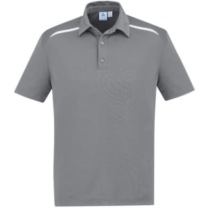 A grey short sleeve polo shirt featuring a logo and contrasting shoulder accents.