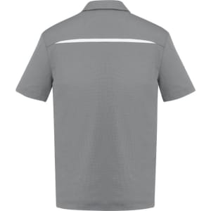 A grey short sleeve polo shirt featuring a subtle reflective stripe on the back and a logo on the front.