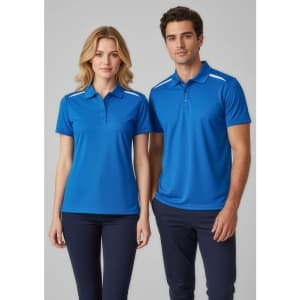 A blue short sleeve polo shirt featuring white accents, displayed on a male and female model with matching trousers.