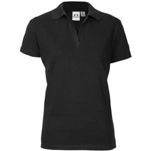 A black women's short sleeve polo shirt with a collared neckline and a logo.