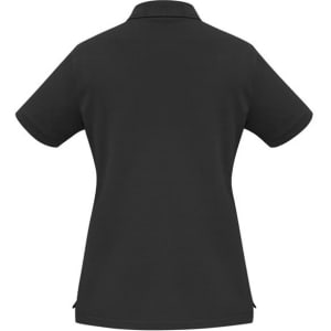 A black women's polo shirt with a short sleeve and a collar, featuring a logo on the back.